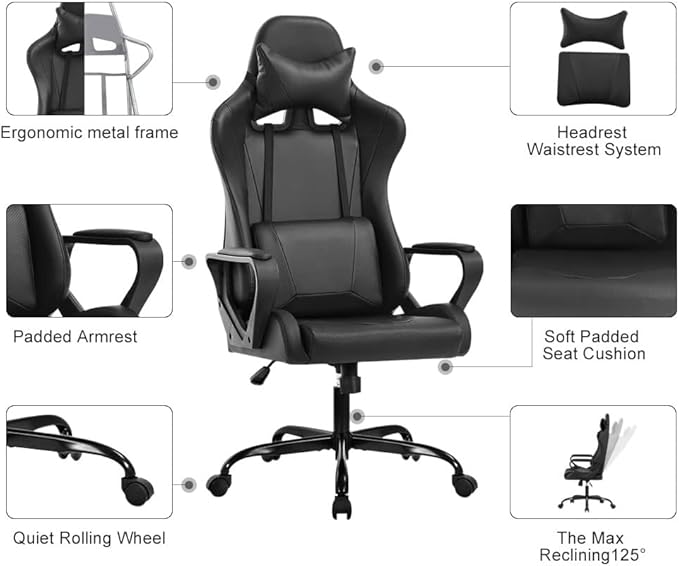 Ergonomic High Back Gaming Chair &amp Office Chair PU Leather &amp Adjustable &amp Easy Assembly &amp BIFMA Certified for Home/Office (Gray) (Black)