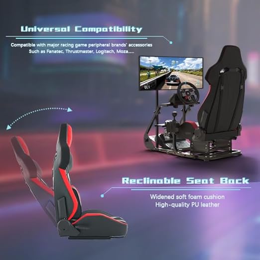 VroomAuto Universal PVC Bucket Style Reclinable Sport PU Leather Simulator Racing Seat with Adjustable Lock Slide Excluding Wheel Stand Handbrake Pedals and Monitor