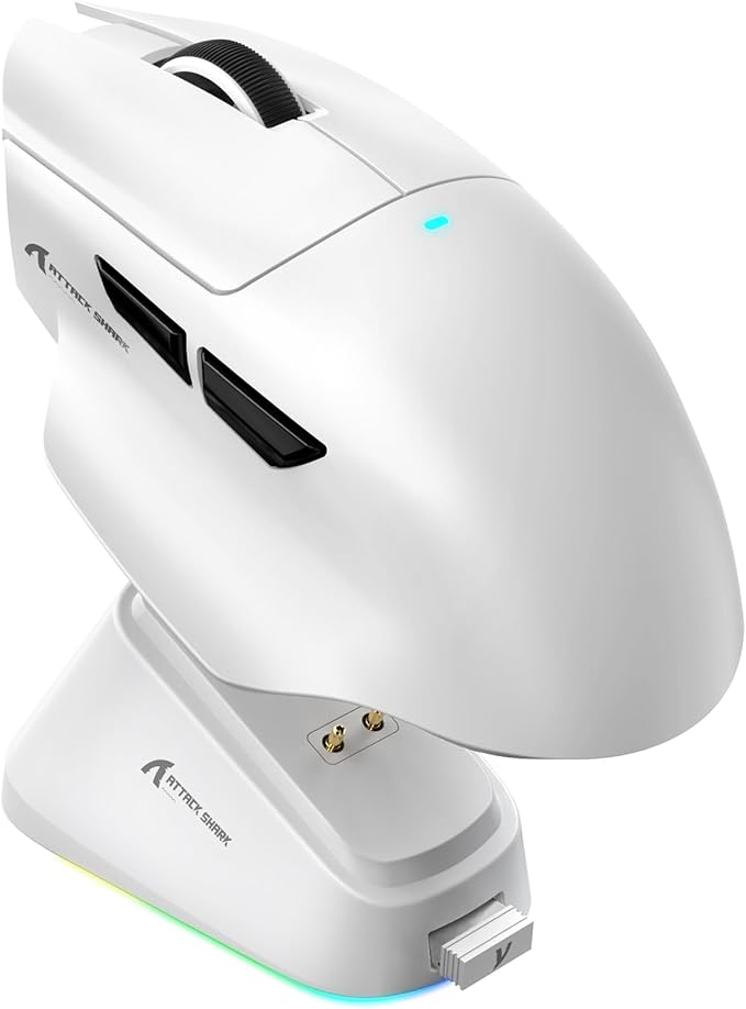 ATTACK SHARK V6 Wireless Gaming Mouse with RGB Charging Dock 25K DPI PAW3311 Sensor 1K Polling Tri-Mode Ergonomic PC Mice 5 Programmable Bottons Cloud-Based AI Driver for Win/MacWhite