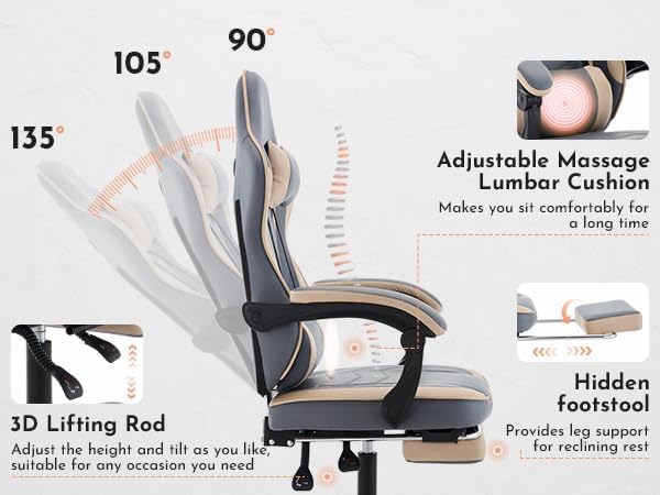 Beige 360° Swivel Gaming Chair Ergonomic Heavy Duty 330lbs Office Chair with Footrest and Massage Lumbar Support Height Adjustable High Back Reclining Gamer Chair with Headrest (Beige Blue)