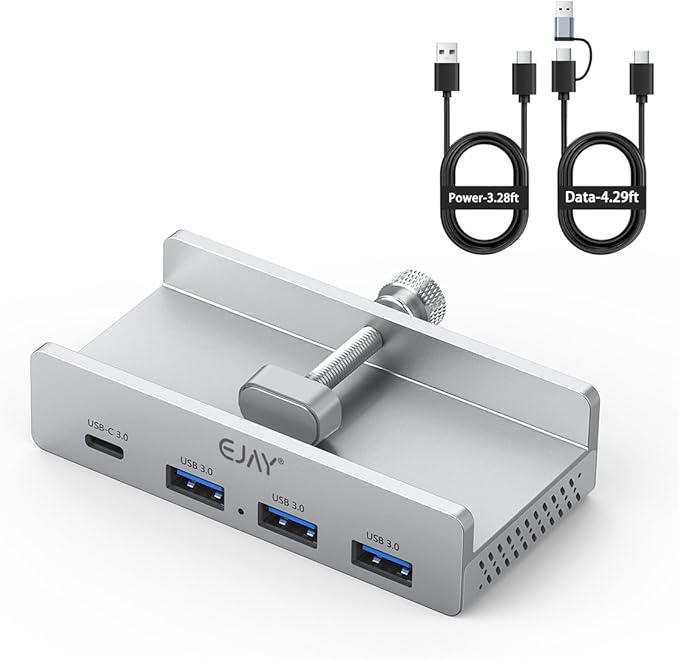 EJAY Mountable 4Ports USB3.0 HUB Alu Desktop Clamp Type C USB3.0 Splitter for Desk/Monitors with Extra Power Supply Port59inches Data &amp 39inches Power Cables-5Gbps (BJ-3A1C-SV)
