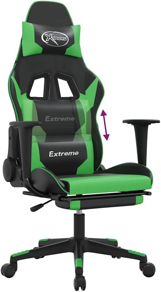 Gaming Chair Black and Green Faux Leather with Adjustable Height and Recline Ergonomic Office Chair with Steel Frame and Five Wheels for Enhanced Stability and Easy