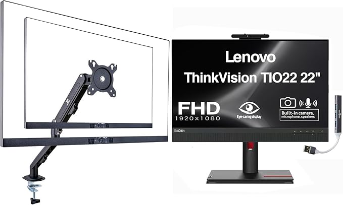 Lenovo ThinkVision 22 FHD IPS Monitor with 4ms Response Time Anti-Glare VESA Mount (100 x 100mm) Adjustable Height Tilt Swivel Pivot HDMI w/DKZ Hub &amp ErgoFlexy Single Mount Arm