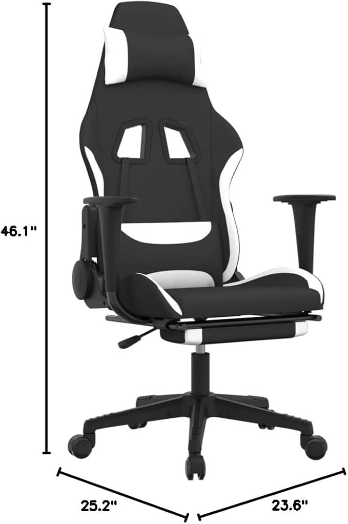 Gaming Chair with Footrest Ergonomic Office Chair Computer Chair with Footrest and Lumbar Support Height Adjustable Game Chair with 360°Swivel Seat Black and White Fabric -AA
