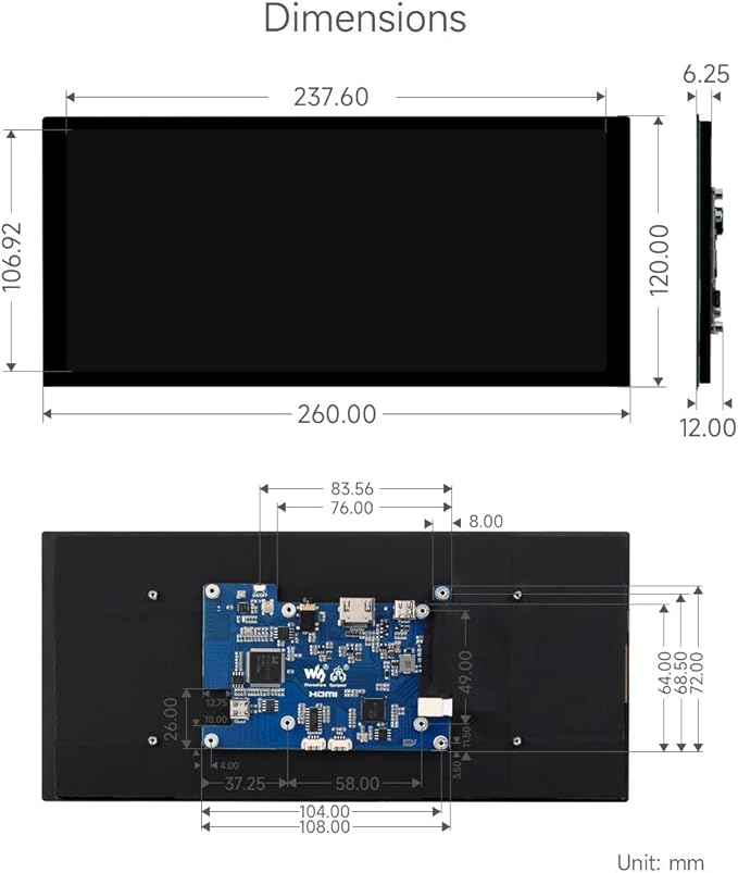 waveshare 10.4inch QLED Quantum Dot Display 1600×720 Resolution Compatible with Raspberry Pi 5/4B/3B/Zero/Zero W/Zero 2W/Pico/Pico W/Pico WH Jetson Nano and PC