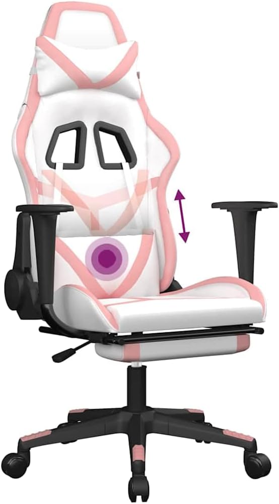 White and Pink Faux Leather Gaming Chair Ergonomic Massage Computer Desk Chair with Footrest Adjustable Armrests Reclining Backrest for Home Office 25.2 W