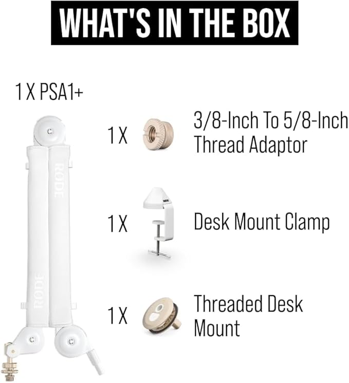 Rode PodMic USB Dynamic Broadcast Microphone (White) with Rode PSA1+ Professional Studio Boom Arm (White) Rode Premium XLR Cable and Pop Filter (10' Blue)