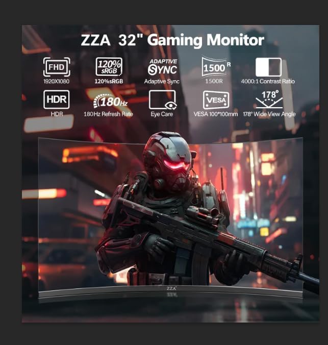 ZZA 32 Inch Curved Gaming Monitor 180/200Hz Computer MonitorFHD 1080P 1500R HDR Gaming PC Monitor FreeSync Ultra-Fast 1ms Monitor for Gamer HDMI 2.0 DisplayPort 1.4 VESA Compatible