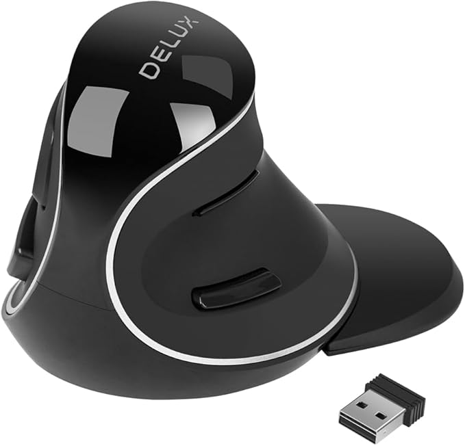 DELUX Ergonomic Vertical Mouse Wireless Ergo Mouse for Large Hands 2.4G Connection Silent Clicks Up to 1600 DPI6 Buttons Removable Wrist Rest Compatible with Laptop/PC (M618Plus Wireless-Black)