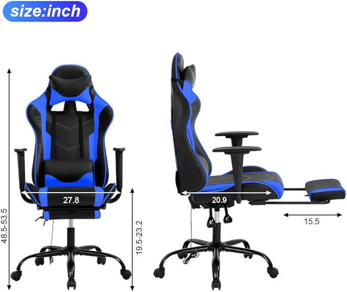 Computer Swivel Gaming Chair Video Game Chair PU Leather Executive Chair High Back Gaming Office Chair with Lumbar Support Adjustable Armrest Headrest Footrest for BoysGirls(Blue)