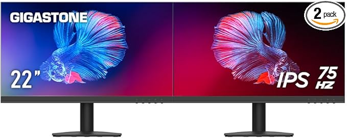 Gigastone 22 inch IPS LED Back Light Monitor 2-Pack 75Hz FHD 1920 x 1080 1080P 178° Wide View Frameless Dual Monitor 4ms Eye Care Technology Ergonomic Tilt VESA Mount HDMI VGA