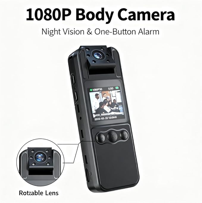 1080P Body Camera Mini Webcam with 180° Rotatable Lens IR Night Vision Audio Video Recording - One - Key Alarm Back Clip and Neck Strap Outdoor Personal Use