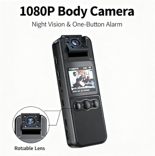 1080P Body Camera Mini Webcam with 180° Rotatable Lens IR Night Vision Audio Video Recording - One - Key Alarm Back Clip and Neck Strap Outdoor Personal Use