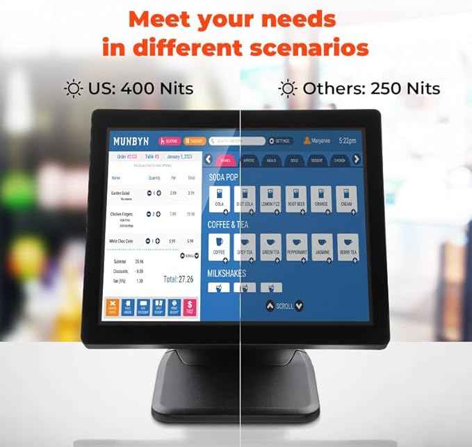 MUNBYN 17-inch POS-Touch-Screen-Monitor POS-System-for-Small-Business Multi-Touch Monitor 400 nits True Flat Seamless Capacitive LED VGA/HDMI Input for Office POS Restaurant No Driver Required