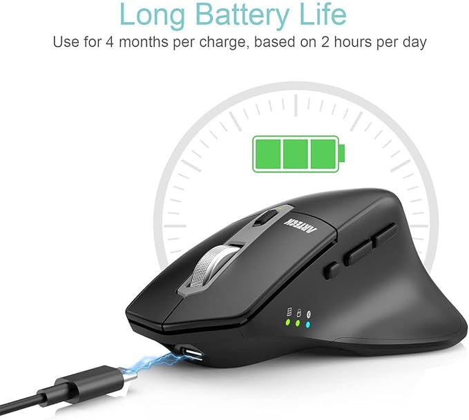 Arteck Multi-Device Wireless Bluetooth Mouse with Nano USB-A USB-C Receiver Ergonomic Right Hand Silent Clicking Rechargeable Mouse for Computer Desktop PC Laptop Mac iPad and Windows 11/10 iPad OS