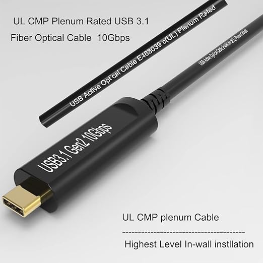 phoossno UL CMP Plenum Rated USB A to C Fiber Optical 3.1 Cable 10Gbps 50FT Compatible with Microsoft Azure Logitech Camera Aver&ampVaddio&ampBarco ClickShare Touch Screen Kinect Intel RealSense