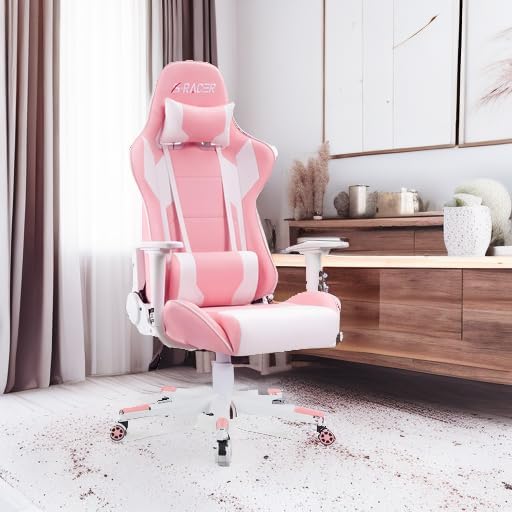 Homall Gaming Chair Office Chair High Back Computer Chair Leather Desk Chair Racing Executive Ergonomic Adjustable Swivel Task Chair with Headrest and Lumbar Support(Pink)
