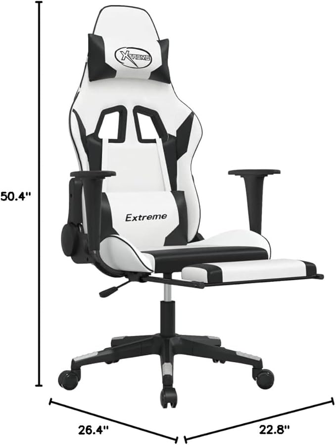 YAFF Ergonomic Gaming Chair Faux Leather Computer Chair with Adjustable Height Backrest Footrest Massage Lumbar Support &amp 360-Degree Swivel Modern Gaming Chair for Home Office White and Black