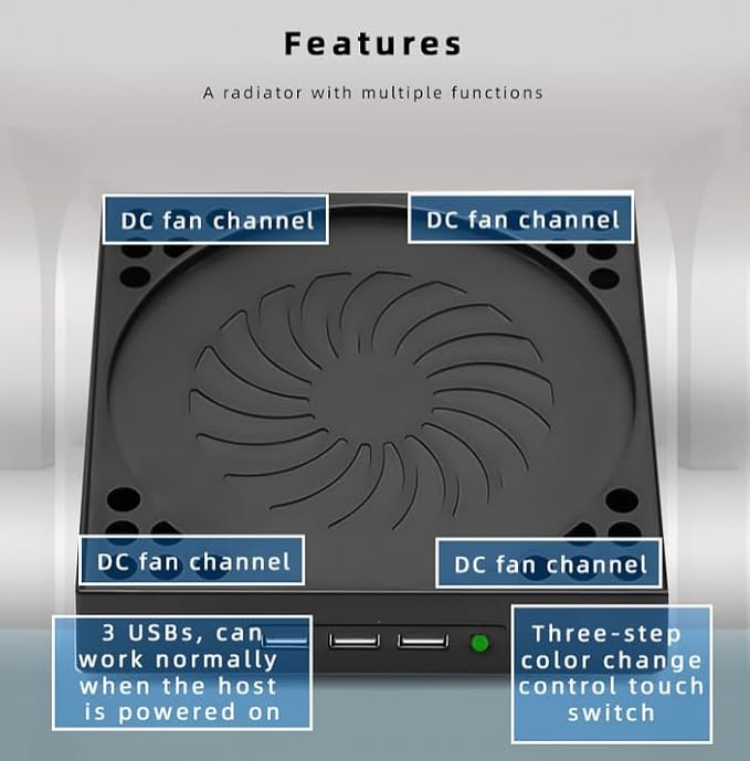 Cooling Fan for Xbox Series XDesktop Cooling Stand Built-in 2 Turbo Fans with Adjustable air Speed 3 USB Ports USB-C Cable Included