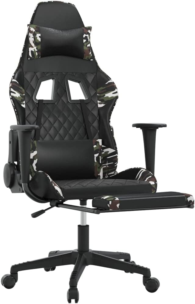 Massage Gaming Chair with Footrest Black&ampCamouflage Faux Leather Gaming Chair with Ergonomic Design Adjustable Features - for Gamers and Office Use