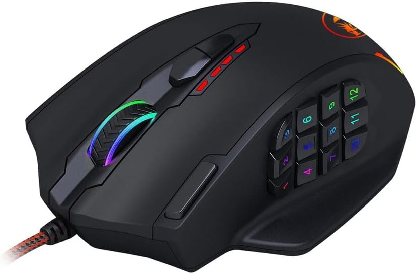Redragon M908 12400 DPI Impact MMO Gaming Mouse w/ 18 Programmable Buttons Weight Tuning Cartridge 12 Side Buttons