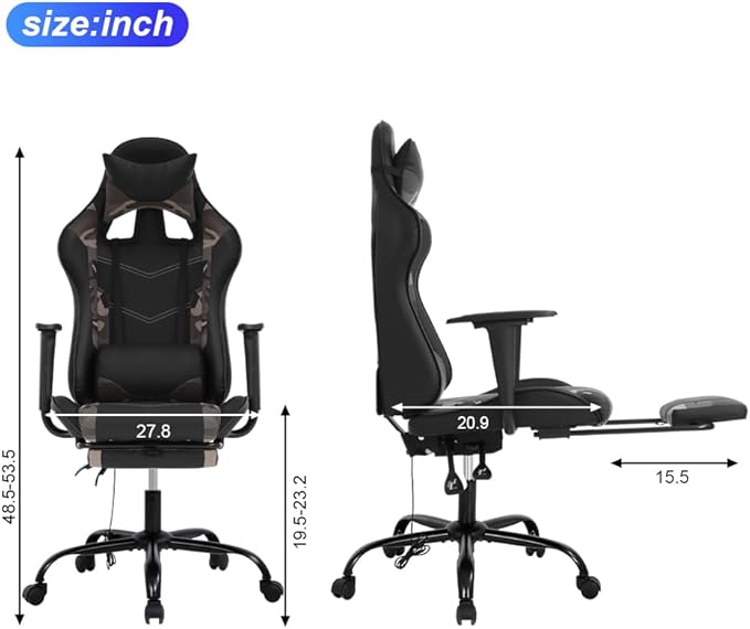 Computer Swivel Gaming Chair Video Game Chair PU Leather Executive Chair High Back Gaming Office Chair with Lumbar Support Adjustable Armrest Headrest Footrest for BoysGirlsCamo