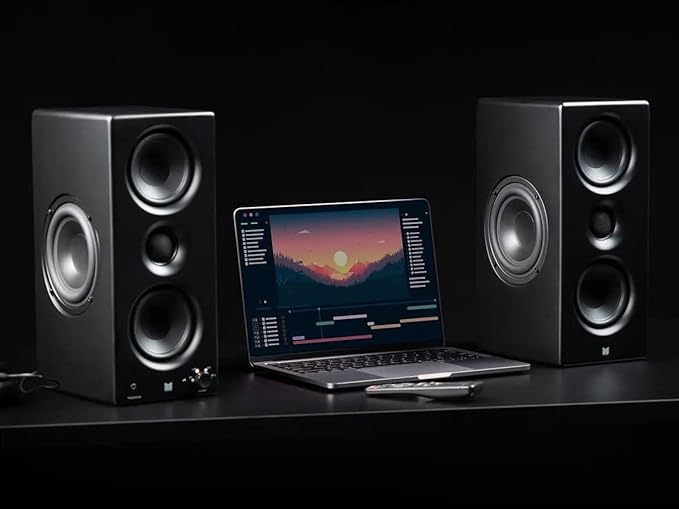 Monolith Powered Desktop Speakers - 100-Watt with Optical and USB Inputs Subwoofer Output Bluetooth aptX HD Remote Control Included for PCs and Laptops Black MTM-100
