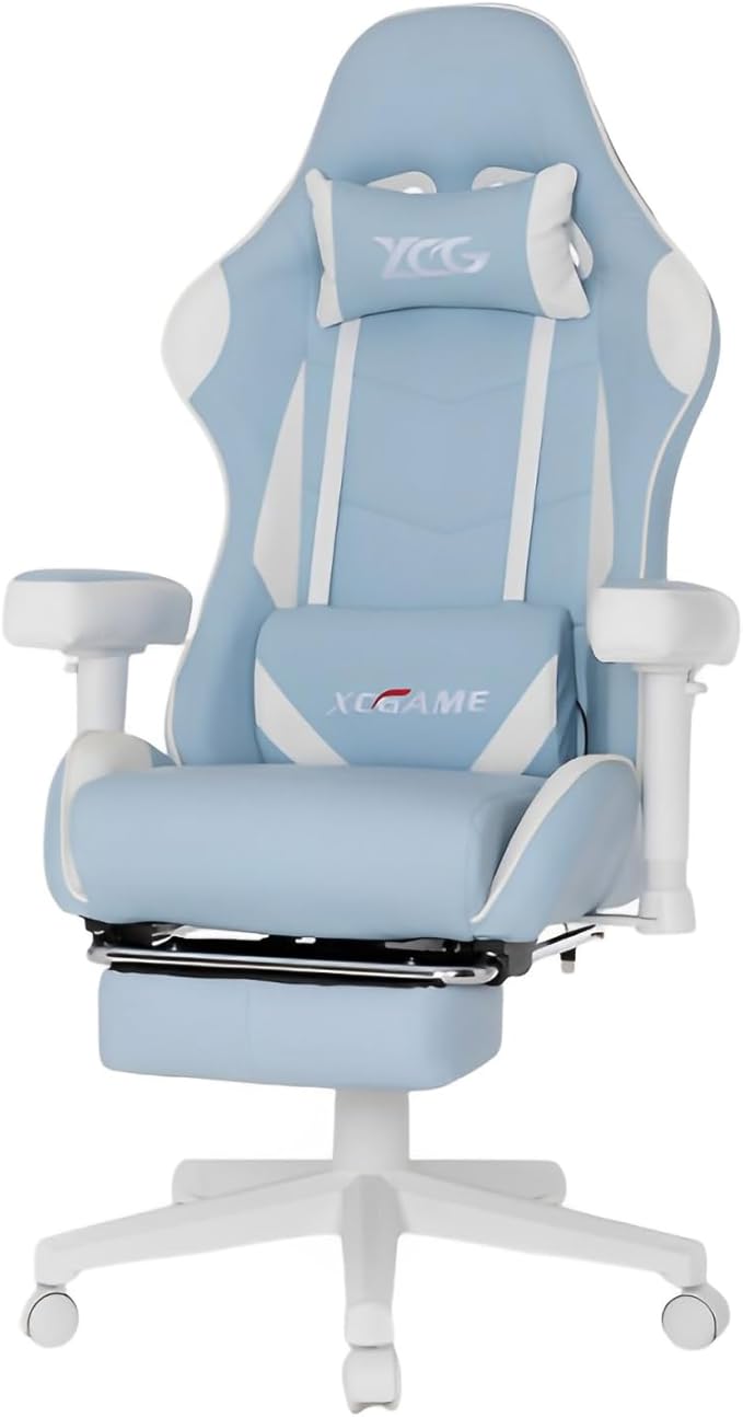 Comfy Ergonomic Gaming Chair with Footrest - Ultimate Comfort &amp Support for Home Office Gaming Neck &amp Lower Back Pain Relief Blue 26.8x20.1x51.6 in
