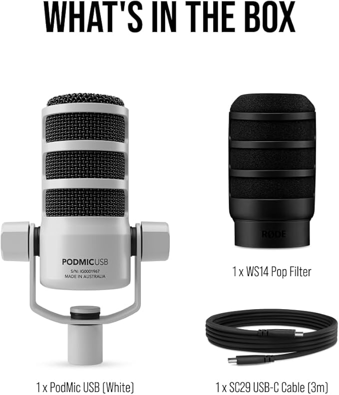 RØDE PodMic USB Dynamic Broadcast Microphone with XLR and USB Connectivity for Podcasting Streaming and Content Creation (White)