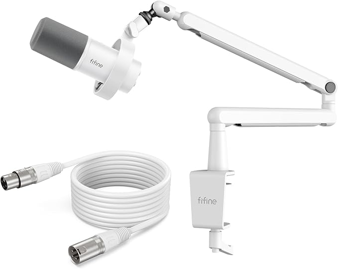 FIFINE Podcast Microphone with XLR Cable and Low Profile Arm Boom Set XLR Recording PC Mic Quick Mute &amp 9.8ft Balanced 3 PIN XLR Male to Female Cable and Metal Boom Arm-K688W+BM88W+L9W