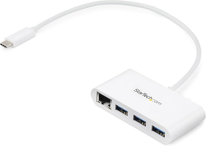 StarTech.com 3 Port USB C Hub w/Gigabit Ethernet USB Type C to 3 x USB-A Multi Port USB 3.0 Hub for MacBook Pro (HB30C3A1GEA) White