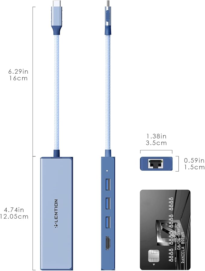 LENTION USB C Hub with 1000M Gigabit Ethernet Adapter 4K HDMI Display 3xUSB-A 3.0 Ports for MacBook Pro/Air/Neo Dell Lenovo HP Laptops and More Stable Driver Certified (C25 Blue)