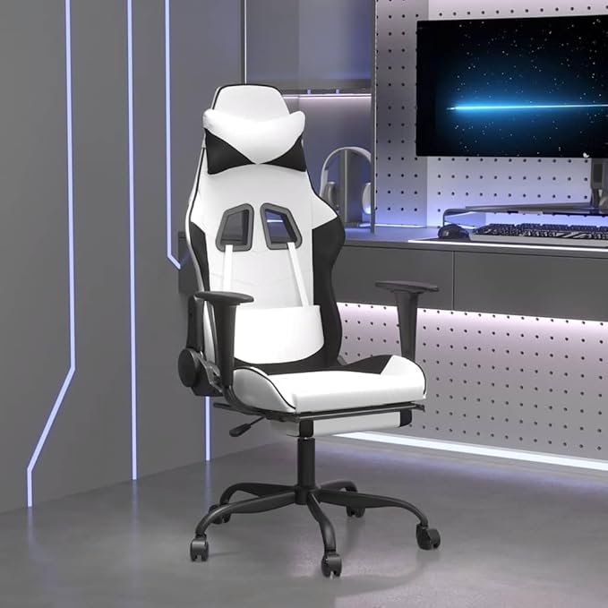 vidaXL Massage Gaming Chair for Adult Reclining Computer Chair with Footrest and Headrest Height Adjustable Office Chair with 360°-Swivel Castors White and Black Faux Leather