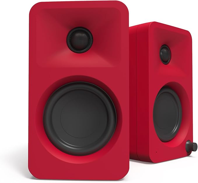 Kanto ORAMR 100W Powered Reference Desktop Computer Speakers with Bluetooth 5.0 and USB-C Input | Bi-Amplified | 100 Hz Automatic Crossover | Reference Quality Sound | Pair | Red