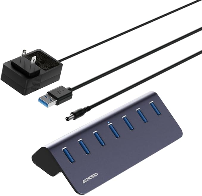 Achoro 7 Ports Powered USB HUB – 2nd Generation 10GB Super Speed External Ports – USB 3.2 Aluminium USB for Computer Mac PCs Smartphone &amp Tablets – Computer Multiple USB A &amp C Hub