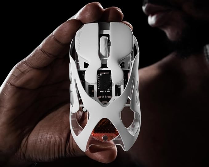 Angry miao AM Infinity Mouse Dual 8K Polling 1.2s Hot-Swap Battery Wireless Programmable for Gaming 49g Metal Ultralight Hollow Design 30000 DPI PAW3950 Laser Sensor 2.4G/Bluetooth/Wired – White