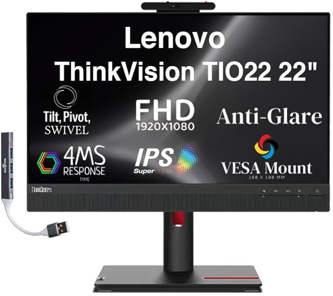 Lenovo ThinkVision TIO22 22 FHD IPS Monitor with 4ms Response Time Anti-Glare VESA Mount (100 x 100mm) Displayport HDMI &amp Dockztorm USB Port Expander Black Color (12N8GAR1UZ)