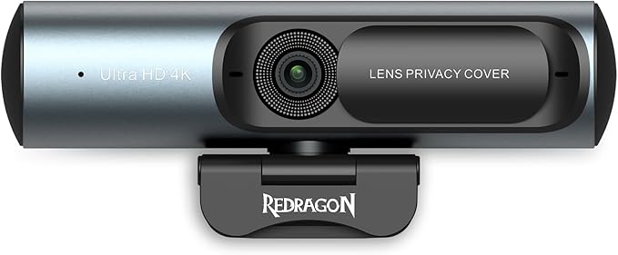 Redragon GW911 4K Webcam for PC Ultra HD with Dual Noise-Cancelling Mic PDAF Auto Focus Auto Light Correction Plug &amp Play Privacy Cover – Works w/Zoom/Teams/Skype/Google Meet
