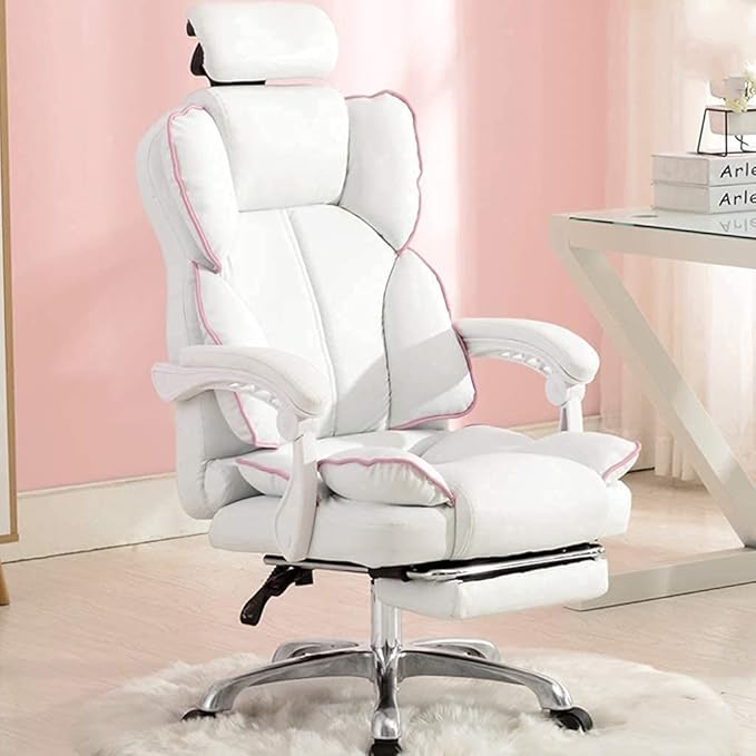Katzowen Office Computer Chair Pink Gaming Chair for Girls Ergonomic Office Chair with Headrest Pu Leather Executive Chair Adjustable Reclining with Footrest Pink (Color : White)