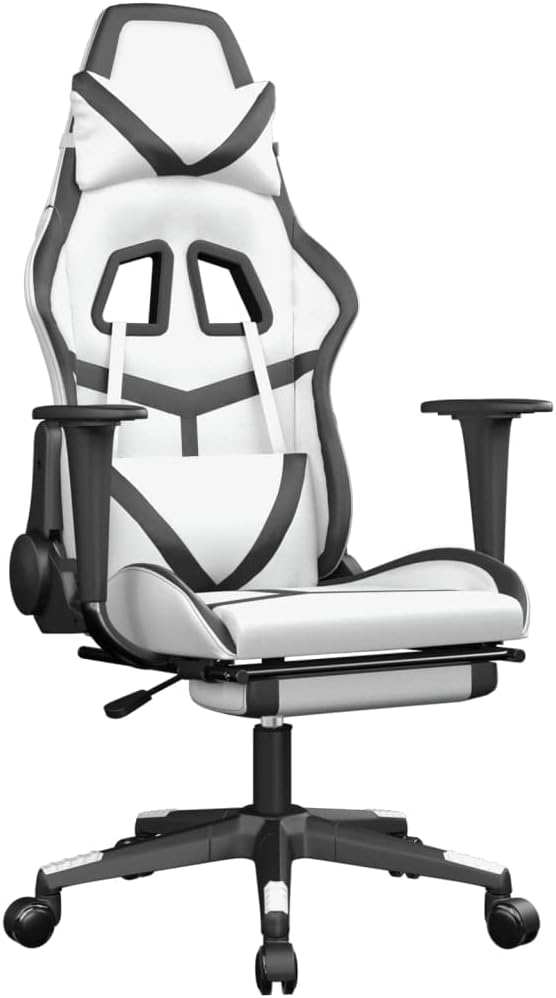 Faux Leather Massage Gaming Chair with FootrestComputer Game ChairMassage Office ChairErgonomic Desk Chair PC Gaming Chair for Adults Teens(White&ampBlack)