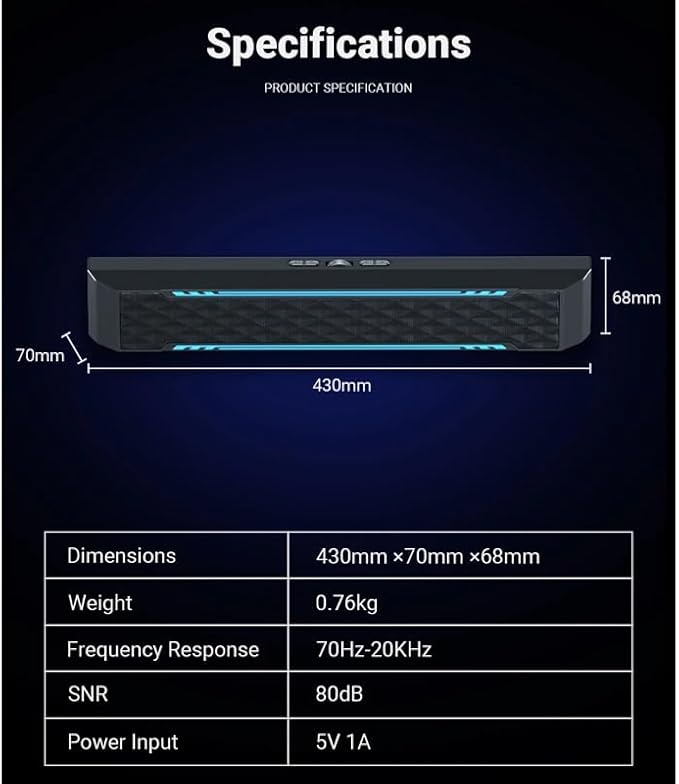 Computer Speakers PC RGB Gaming Sound Bar Portable Speaker for Desktop Monitor Laptop
