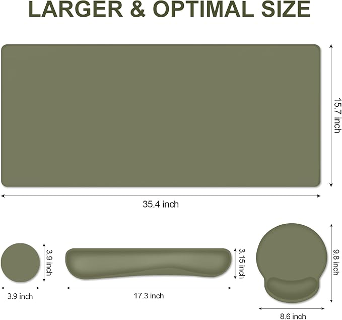 4 PCS Mouse Pad Desk Mat Protector Keyboard Wrist Rest + Comfortable Mouse Pad Wrist Rest +Coaster Large Gaming Mousepad for Computer Laptop 35.4X 15.7 Deskpad for Office Home I Olive Green