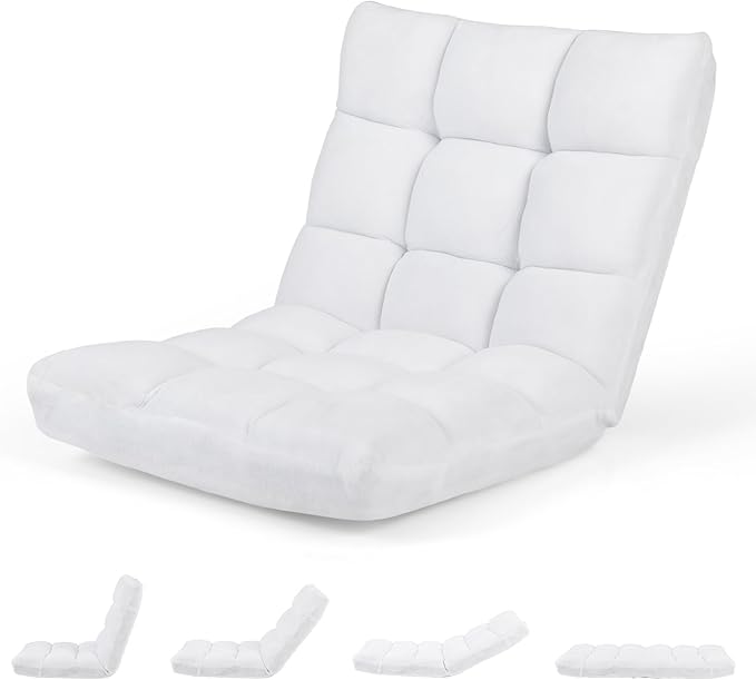 ARLIME Adjustable Floor Chair 14-Position Lazy Sofa Chair with Back Support &amp Thick Padding Portable Foldable Floor Couch for Adults Kids Use in Bedroom Living Room Home Theater (White)