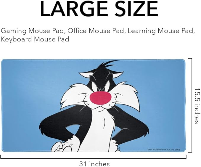 Looney Tunes Sylvester Large Gaming Mouse Pad Desk Mat with Stitched Edges Non-Slip Base for Gamer Home and Office 31.5 x 15.7