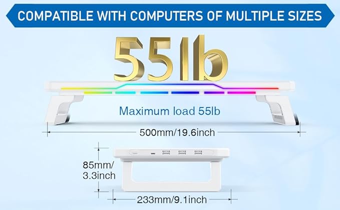 Monitor Stand with Usb Hub (3.0 &amp Type-C) and 15W Fast Wireless ChargingMonitor Riser with Usb C Ports for PC iMac (27 inches) Vibrant RGB Lighting Desk Organizer for Office/Home (White)