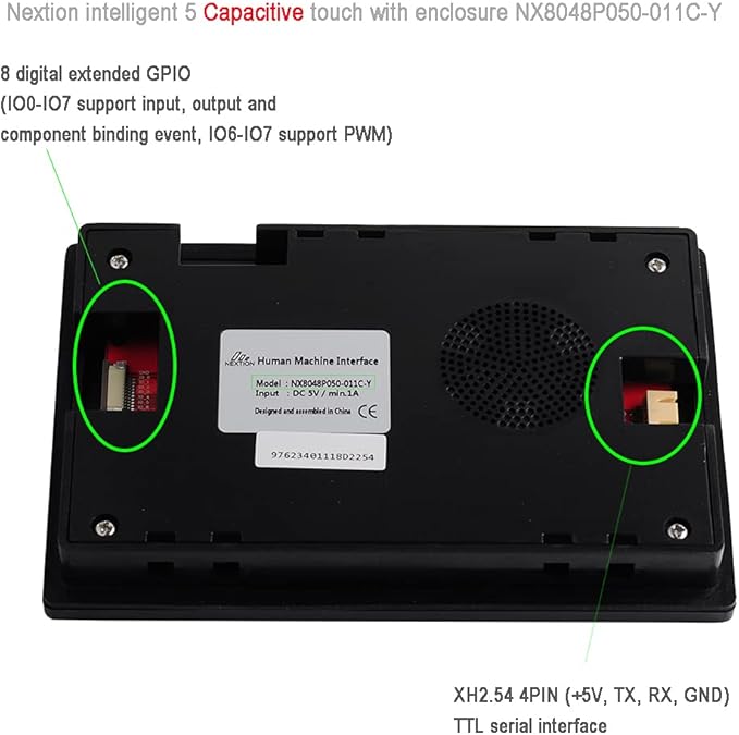 Nextion Intelligent 5 inch HMI Display 5V Capacitive Touch Screen 800x480 TFT LCD w/Enclosure Case for Arduino (NX8048P050-011C-Y)