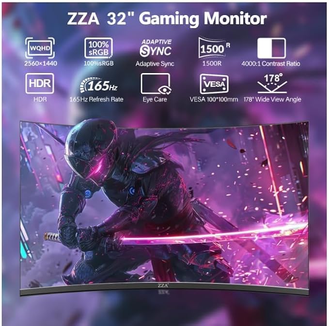 ZZA 32 Inch Monitor - 2K Resolution 165Hz/180Hz1440p Monitor 1ms Response Time FreeSync &amp G-Sync HDR10 122% sRGB Coverage DP/HDMI32 Inch Computer Monitor VESA Mount Compatible