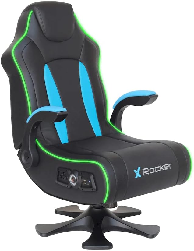 X Rocker CXR3 2.1 Dual Audio LED Gaming Chair with Flip-Up Arms Integrated 2.1 Audio System Bluetooth Wireless 5134201 32.1 x 24.8 x 40.55 Black and Teal