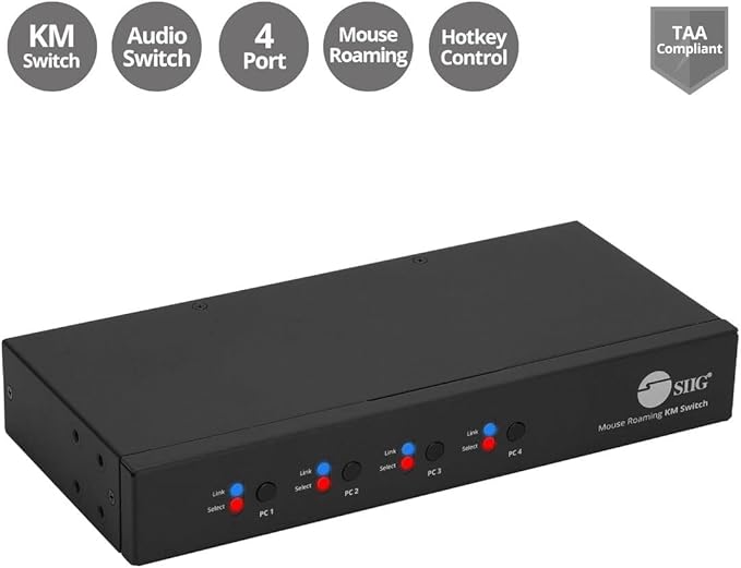 SIIG 4-Port Quad Computers Keyboard and Mouse Roaming Control Switch with USB 2.0 Hub KM Switch Support Windows Mac and Linux Switch Button HotkeysTAA Compliant (JU-SW4311-S1)