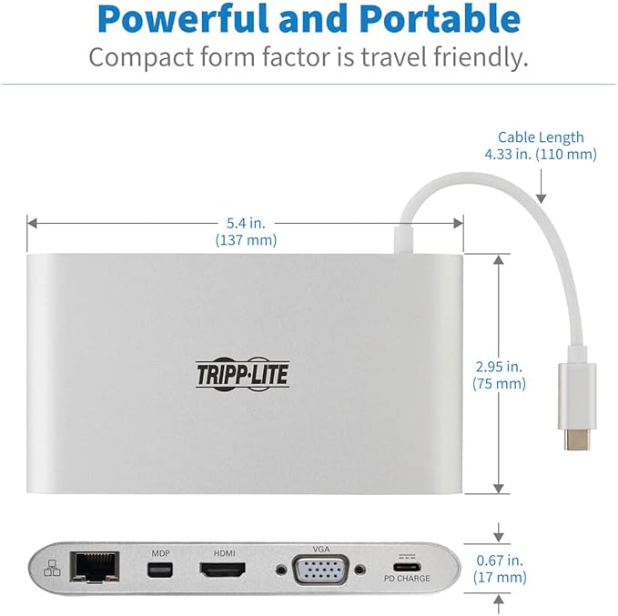 Tripp Lite USB-C Docking Station for Dual Monitors 4K @ 30 Hz HDMI Mini DisplayPort mDP VGA Gigabit Ethernet Memory Card 3.5mm Audio 100W USB-C PD Charging 3-Year Warranty (U442-DOCK1)